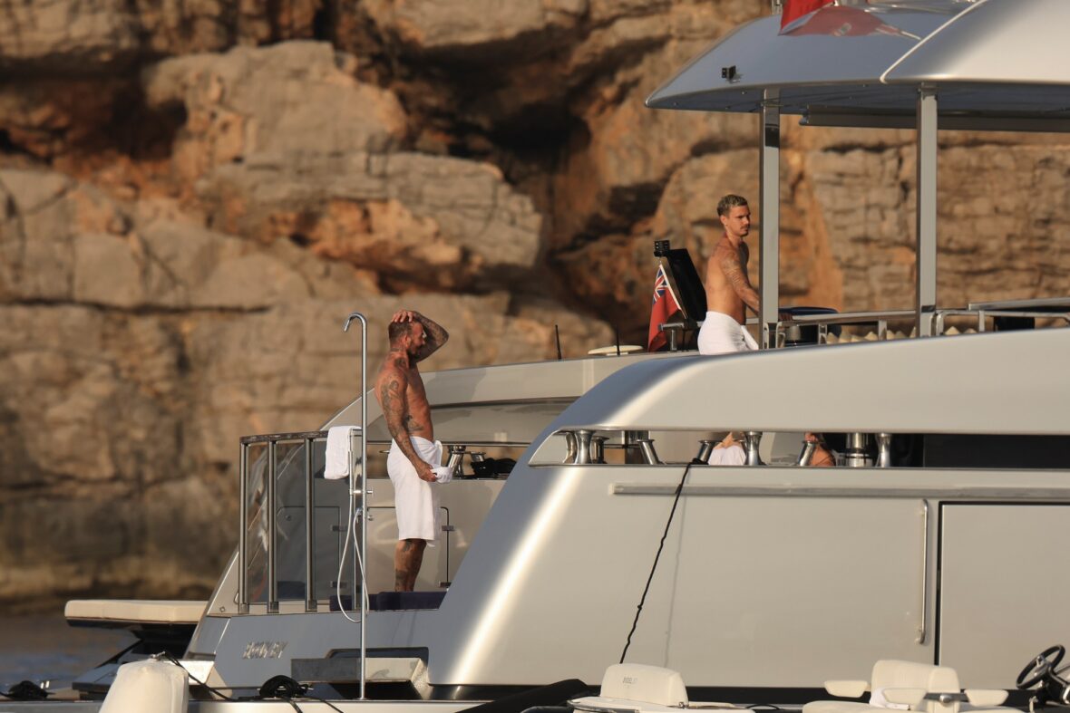 Beckham family yacht day, including shirtless Romeo and David Beckham, in Ibiza, Spain