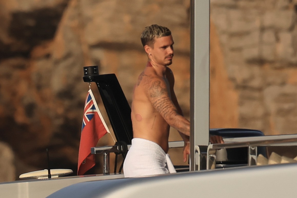 Beckham family yacht day, including shirtless Romeo and David Beckham, in Ibiza, Spain