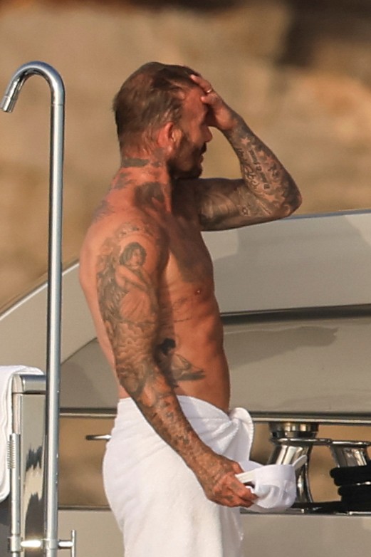 Beckham family yacht day, including shirtless Romeo and David Beckham, in Ibiza, Spain