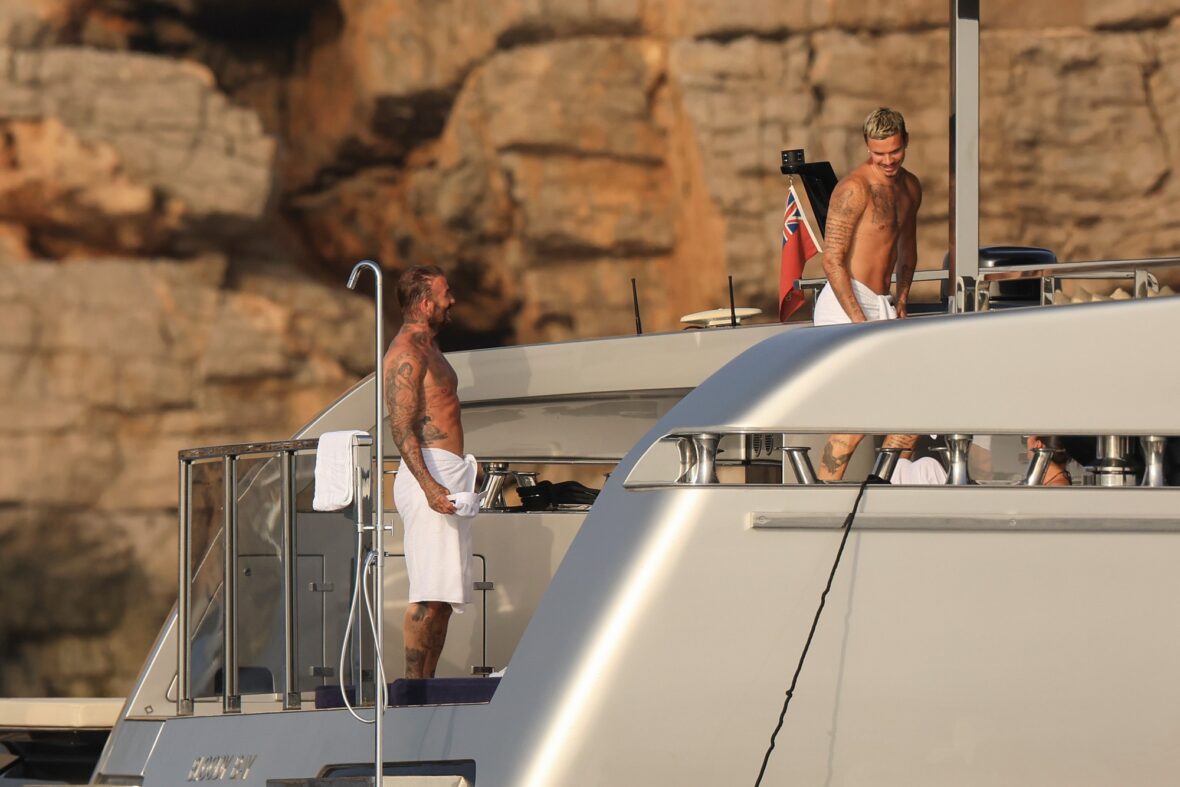 Beckham family yacht day, including shirtless Romeo and David Beckham, in Ibiza, Spain