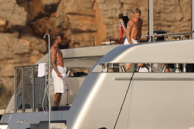 Beckham family yacht day, including shirtless Romeo and David Beckham, in Ibiza, Spain