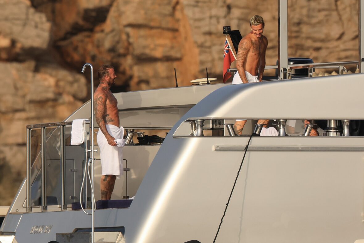 Beckham family yacht day, including shirtless Romeo and David Beckham, in Ibiza, Spain