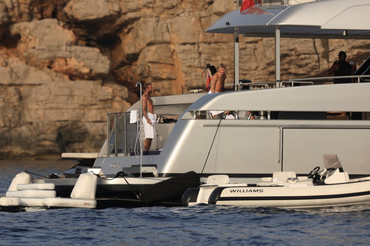 Beckham family yacht day, including shirtless Romeo and David Beckham, in Ibiza, Spain