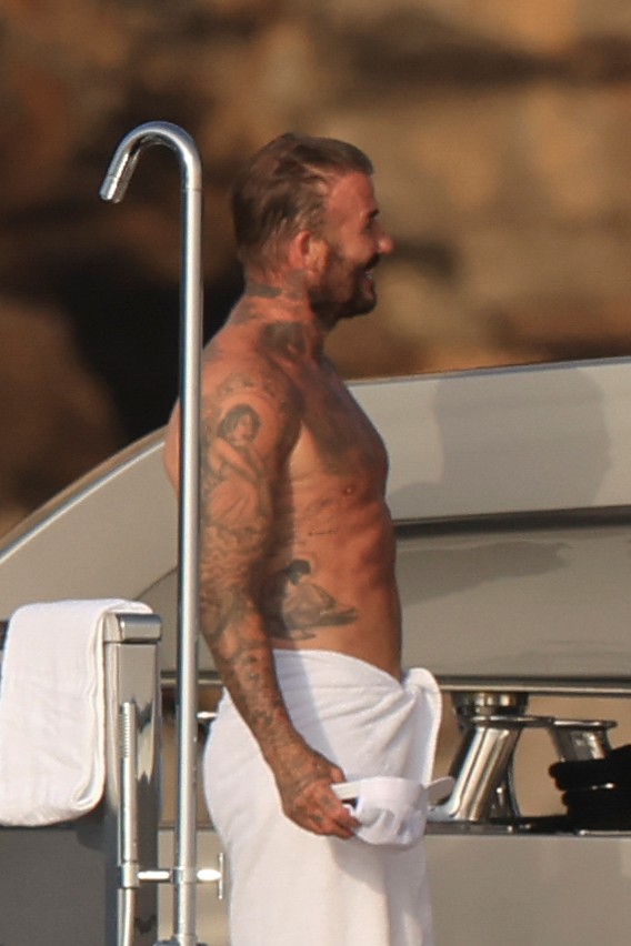 Beckham family yacht day, including shirtless Romeo and David Beckham, in Ibiza, Spain