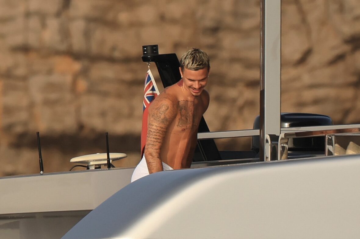 Beckham family yacht day, including shirtless Romeo and David Beckham, in Ibiza, Spain