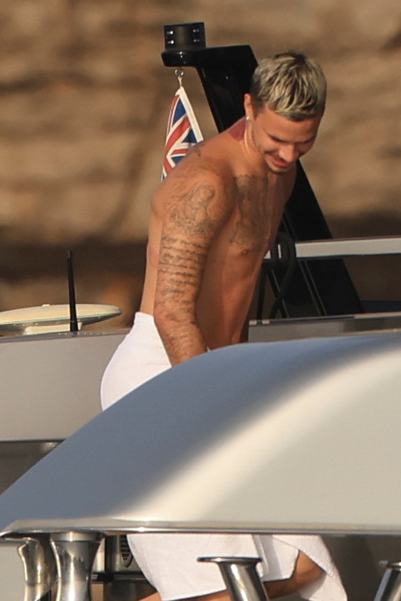 Beckham family yacht day, including shirtless Romeo and David Beckham, in Ibiza, Spain