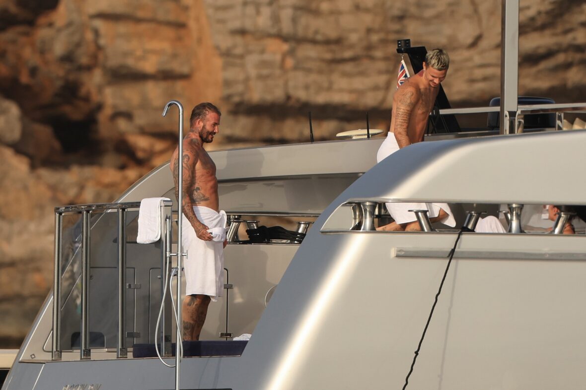 Beckham family yacht day, including shirtless Romeo and David Beckham, in Ibiza, Spain