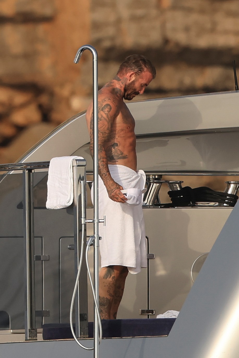 Beckham family yacht day, including shirtless Romeo and David Beckham, in Ibiza, Spain