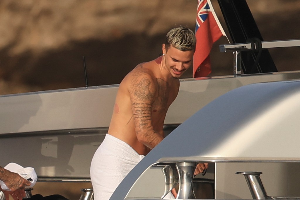 Beckham family yacht day, including shirtless Romeo and David Beckham, in Ibiza, Spain