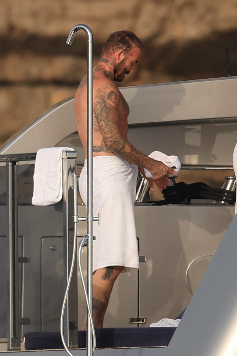 Beckham family yacht day, including shirtless Romeo and David Beckham, in Ibiza, Spain