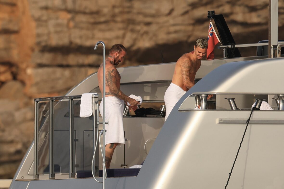 Beckham family yacht day, including shirtless Romeo and David Beckham, in Ibiza, Spain