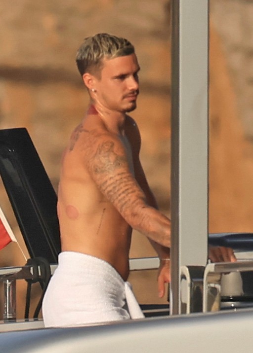 Beckham family yacht day, including shirtless Romeo and David Beckham, in Ibiza, Spain