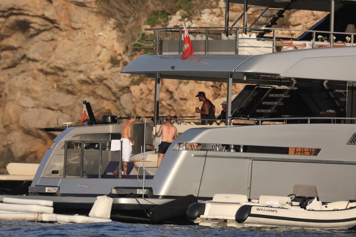 Beckham family yacht day, including shirtless Romeo and David Beckham, in Ibiza, Spain