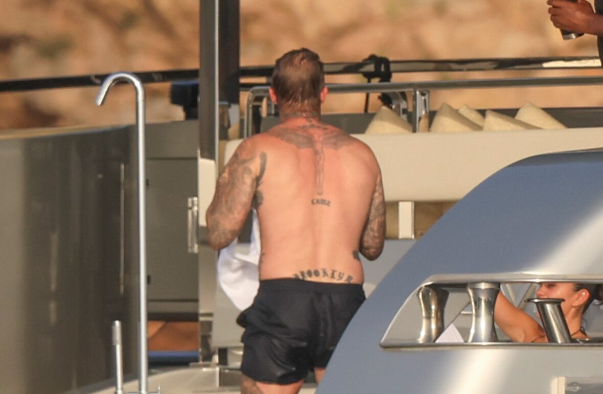 Beckham family yacht day, including shirtless Romeo and David Beckham, in Ibiza, Spain