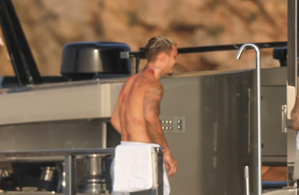 Beckham family yacht day, including shirtless Romeo and David Beckham, in Ibiza, Spain