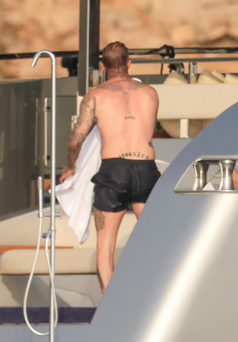 Beckham family yacht day, including shirtless Romeo and David Beckham, in Ibiza, Spain