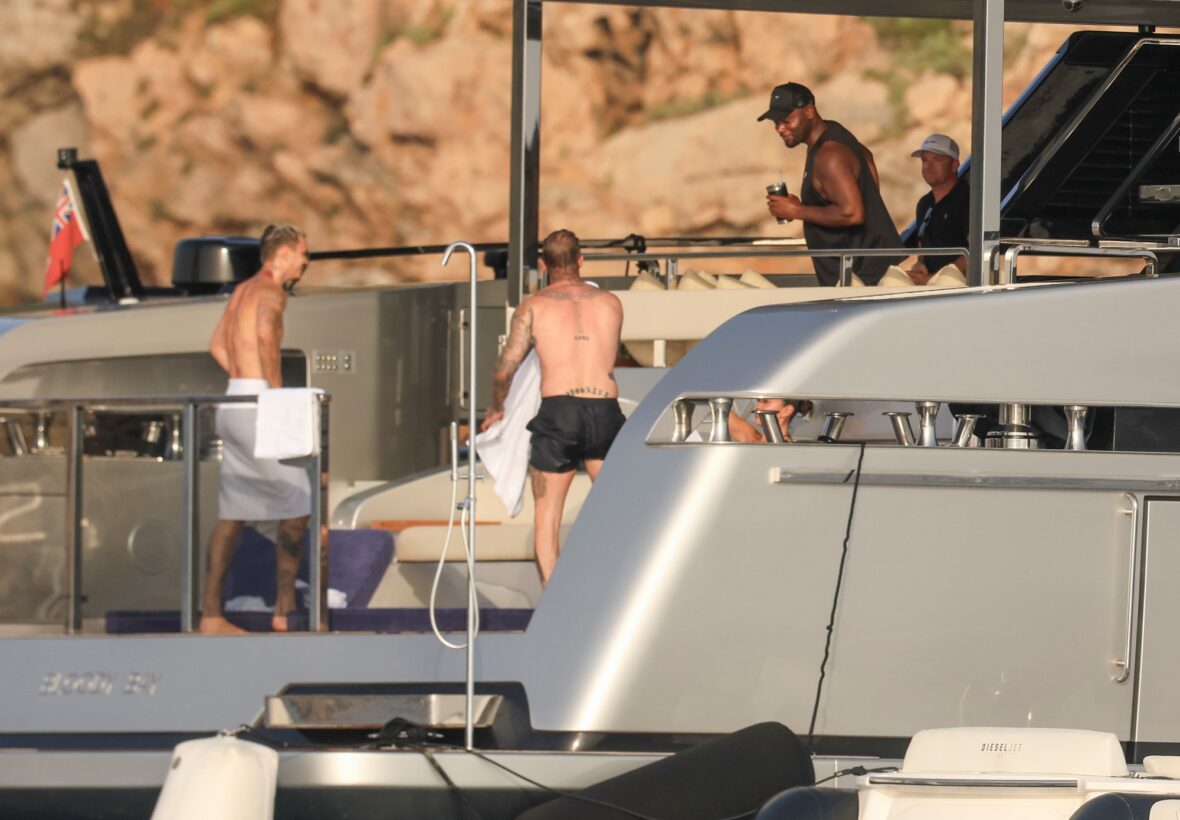 Beckham family yacht day, including shirtless Romeo and David Beckham, in Ibiza, Spain