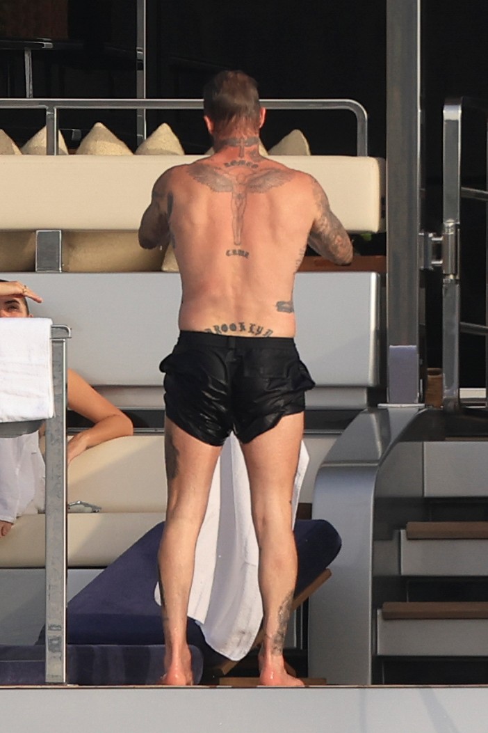 Beckham family yacht day, including shirtless Romeo and David Beckham, in Ibiza, Spain