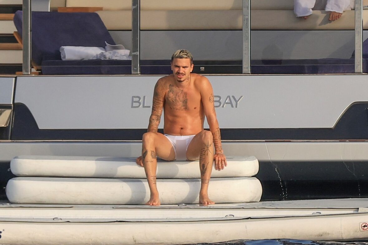 Beckham family yacht day, including shirtless Romeo and David Beckham, in Ibiza, Spain