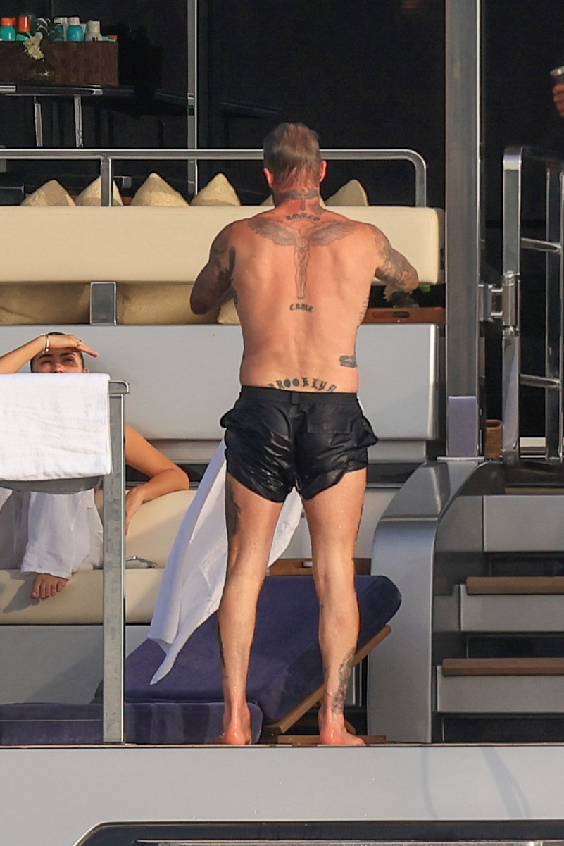 Beckham family yacht day, including shirtless Romeo and David Beckham, in Ibiza, Spain