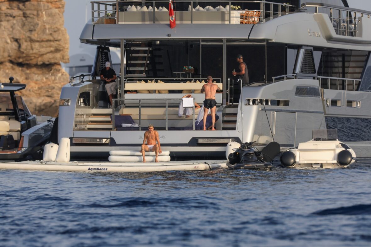 Beckham family yacht day, including shirtless Romeo and David Beckham, in Ibiza, Spain