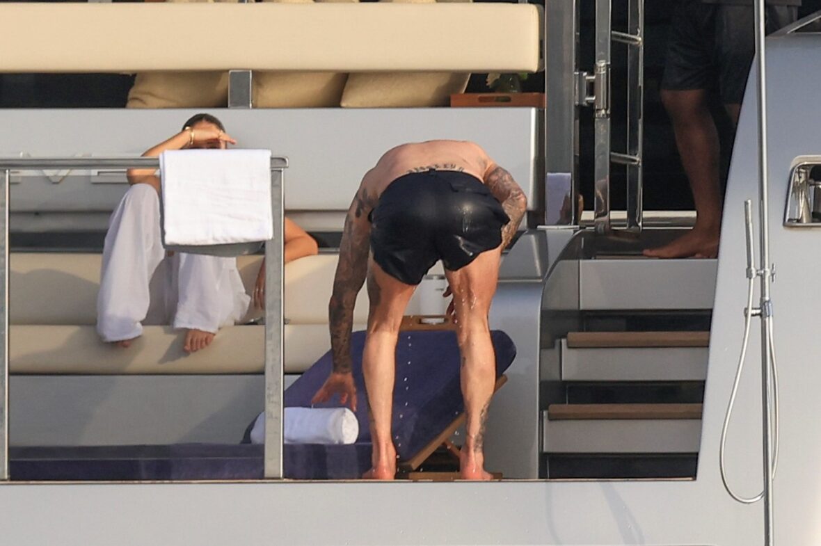 Beckham family yacht day, including shirtless Romeo and David Beckham, in Ibiza, Spain