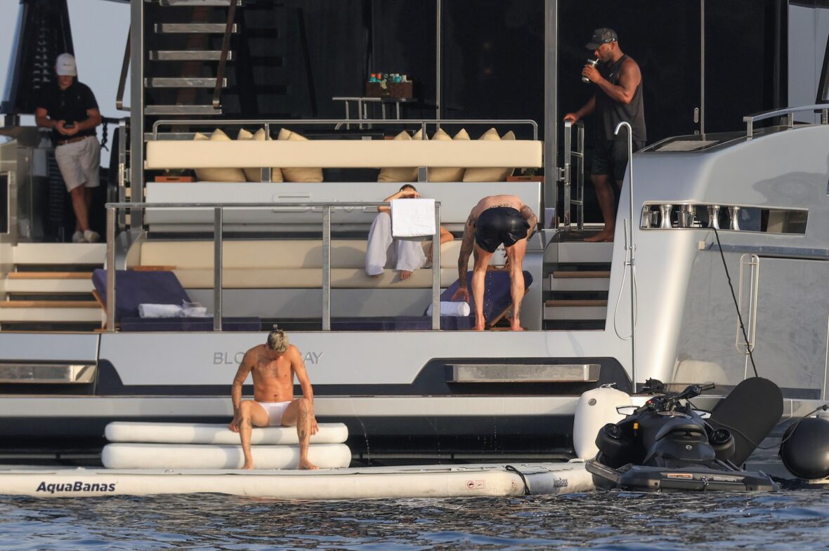 Beckham family yacht day, including shirtless Romeo and David Beckham, in Ibiza, Spain