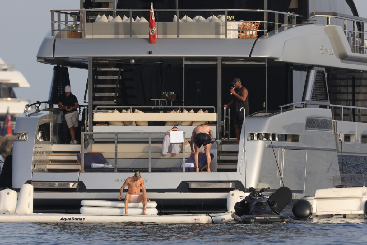 Beckham family yacht day, including shirtless Romeo and David Beckham, in Ibiza, Spain