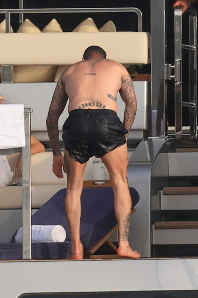 Beckham family yacht day, including shirtless Romeo and David Beckham, in Ibiza, Spain