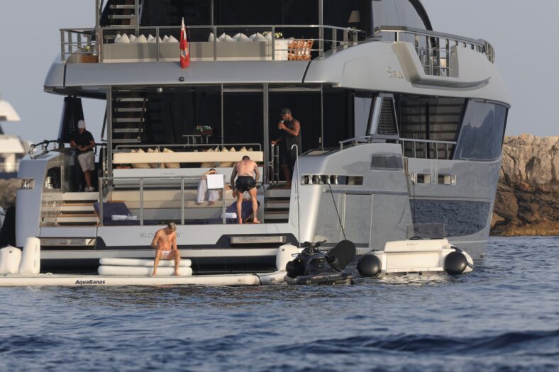 Beckham family yacht day, including shirtless Romeo and David Beckham, in Ibiza, Spain