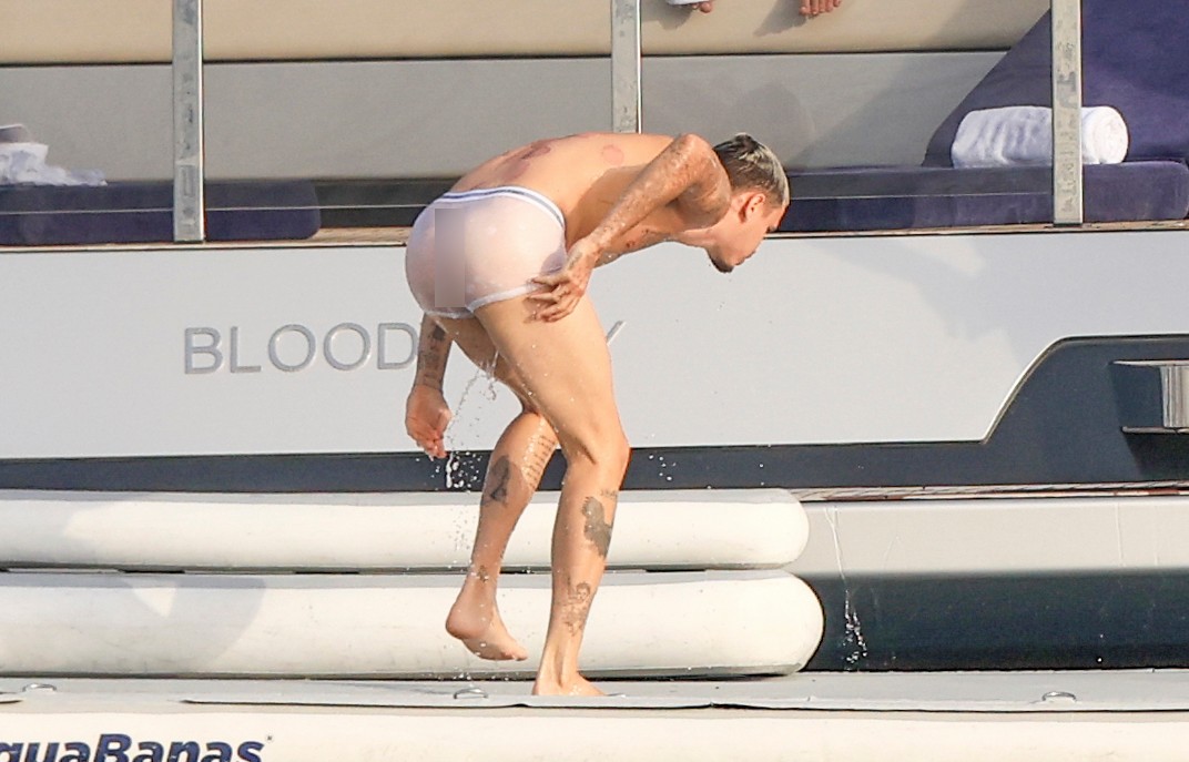 Beckham family yacht day, including shirtless Romeo and David Beckham, in Ibiza, Spain