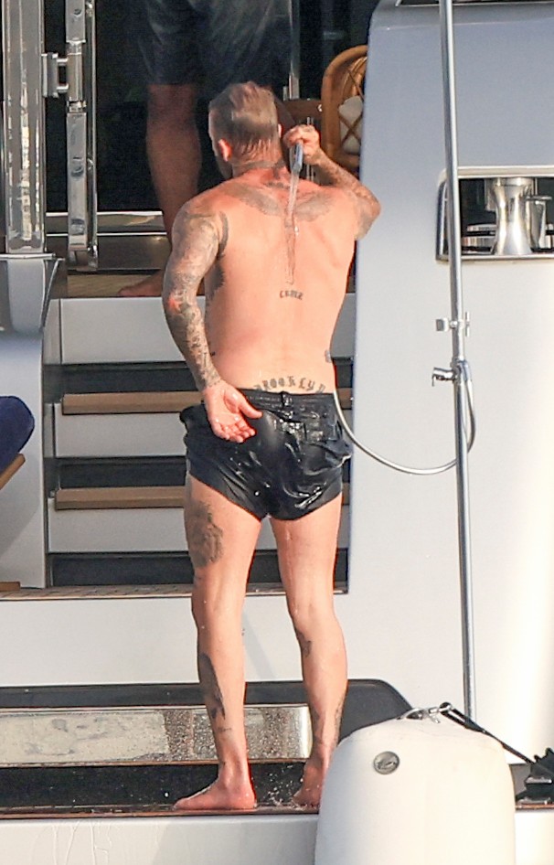Beckham family yacht day, including shirtless Romeo and David Beckham, in Ibiza, Spain
