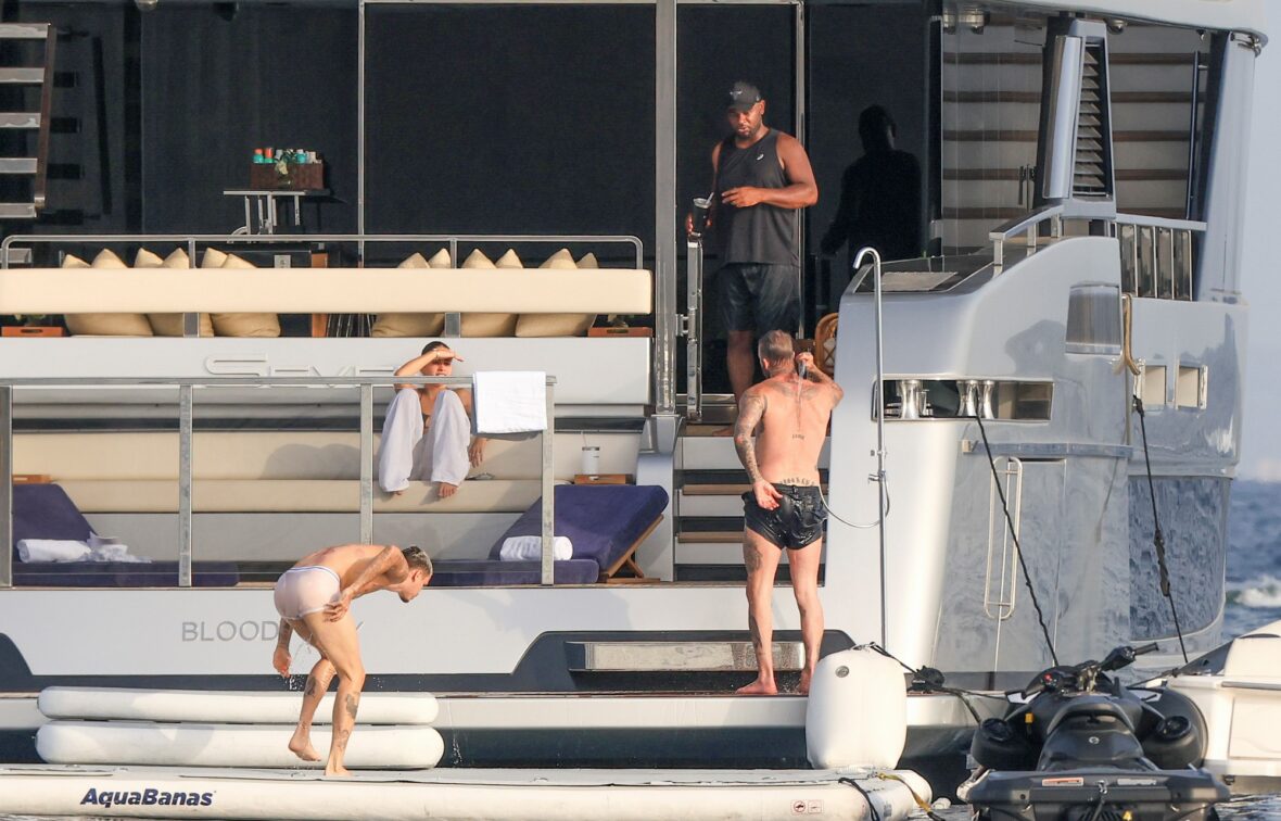 Beckham family yacht day, including shirtless Romeo and David Beckham, in Ibiza, Spain