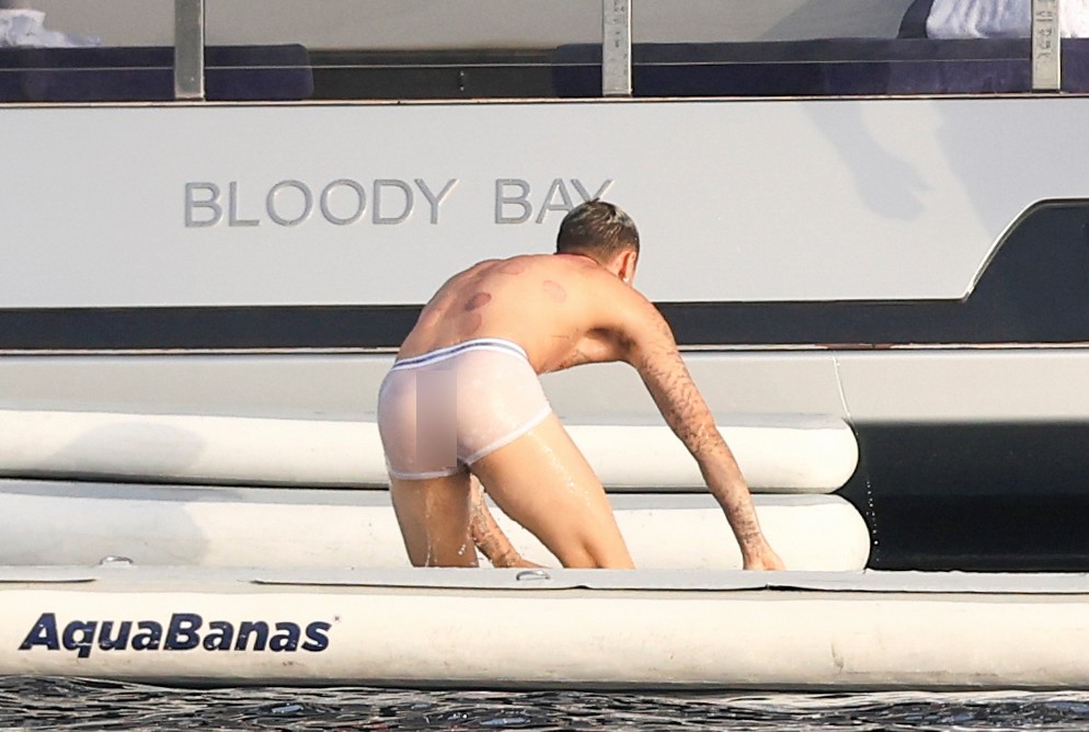 Beckham family yacht day, including shirtless Romeo and David Beckham, in Ibiza, Spain
