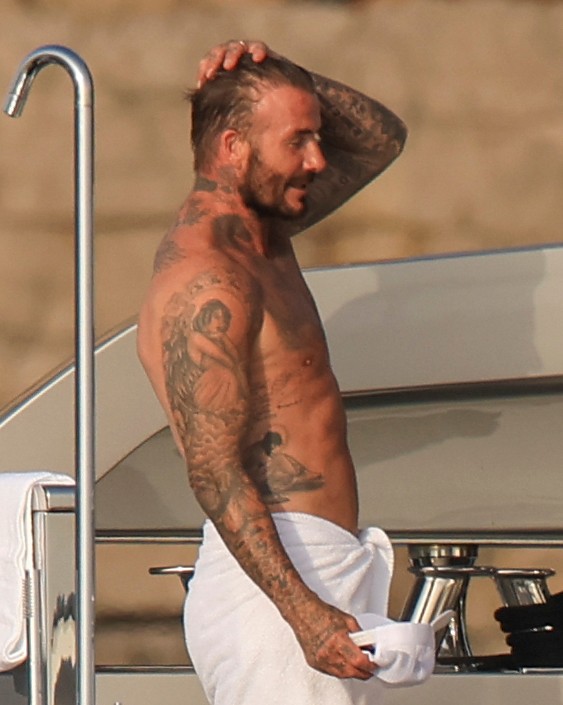 Beckham family yacht day, including shirtless Romeo and David Beckham, in Ibiza, Spain