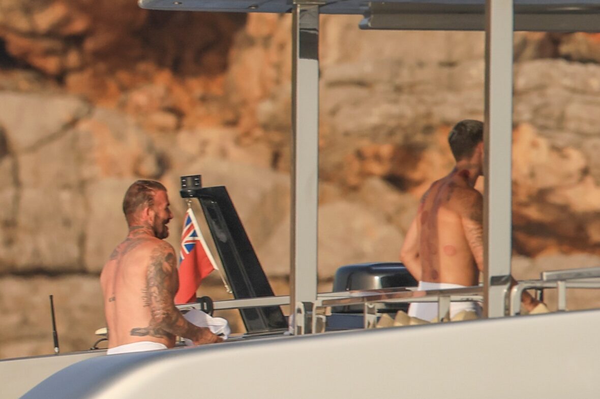 Beckham family yacht day, including shirtless Romeo and David Beckham, in Ibiza, Spain