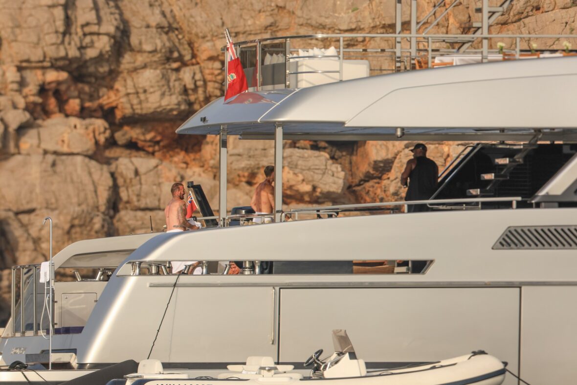 Beckham family yacht day, including shirtless Romeo and David Beckham, in Ibiza, Spain