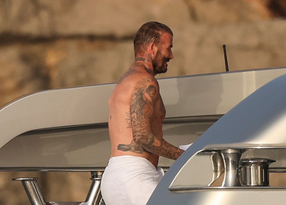 Beckham family yacht day, including shirtless Romeo and David Beckham, in Ibiza, Spain