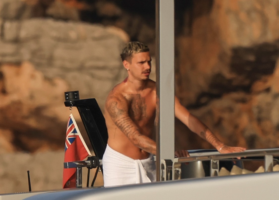 Beckham family yacht day, including shirtless Romeo and David Beckham, in Ibiza, Spain
