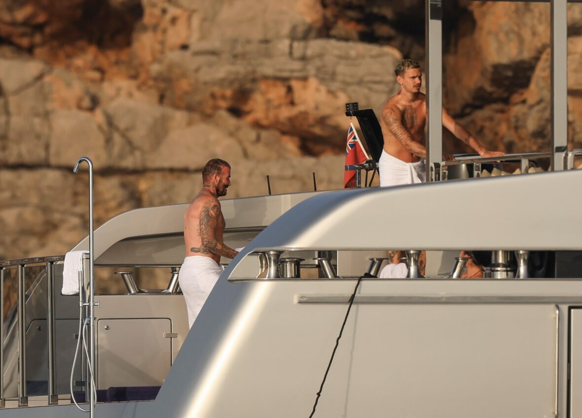 Beckham family yacht day, including shirtless Romeo and David Beckham, in Ibiza, Spain