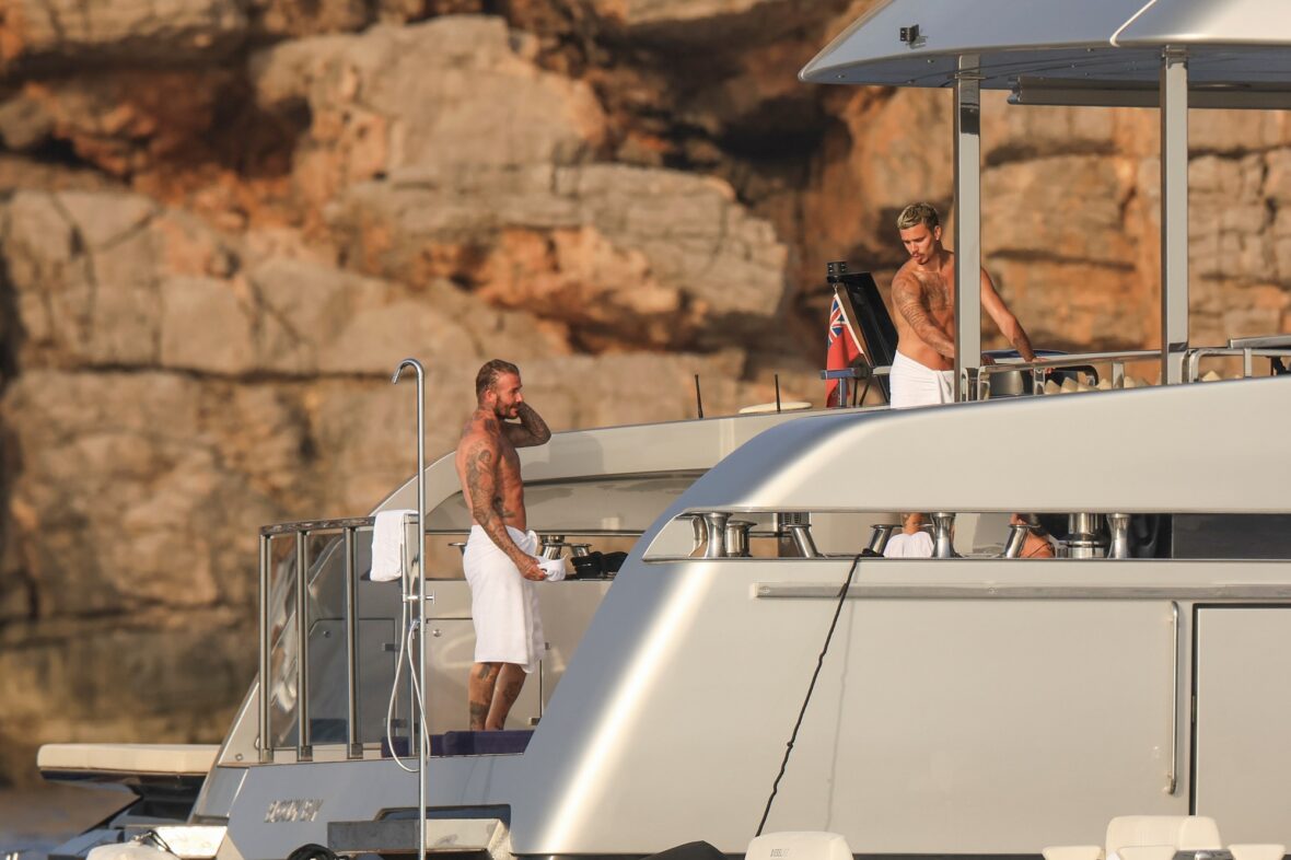Beckham family yacht day, including shirtless Romeo and David Beckham, in Ibiza, Spain