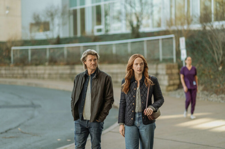 Morgan Kahan and Chad Michael Murray walking together in a Sullivan's Crossing still