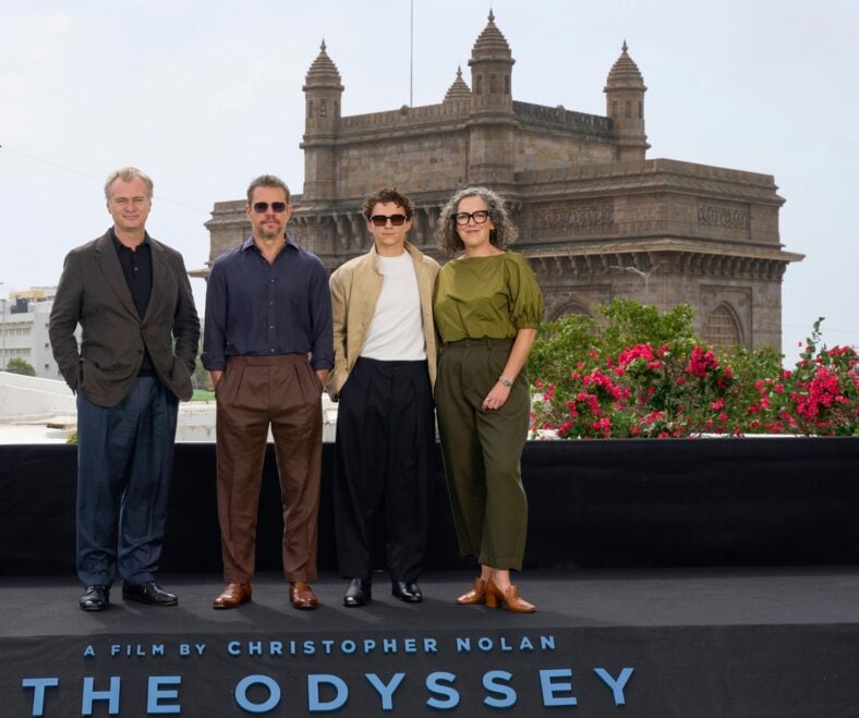 Christopher Nolan, Matt Damon, Tom Holland, Emma Thomas pose at Mumbai photo call for The Odyssey