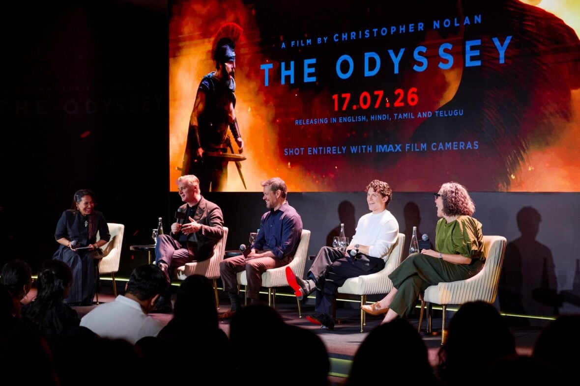 Christopher Nolan, Matt Damon, Tom Holland, Emma Thomas attend a Mumbai press conference for The Odyssey