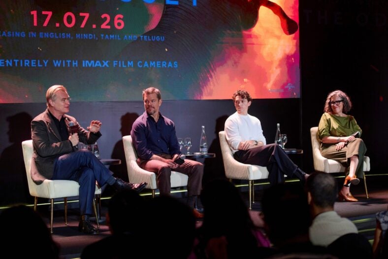 Christopher Nolan, Matt Damon, Tom Holland, Emma Thomas attend a Mumbai press conference for The Odyssey