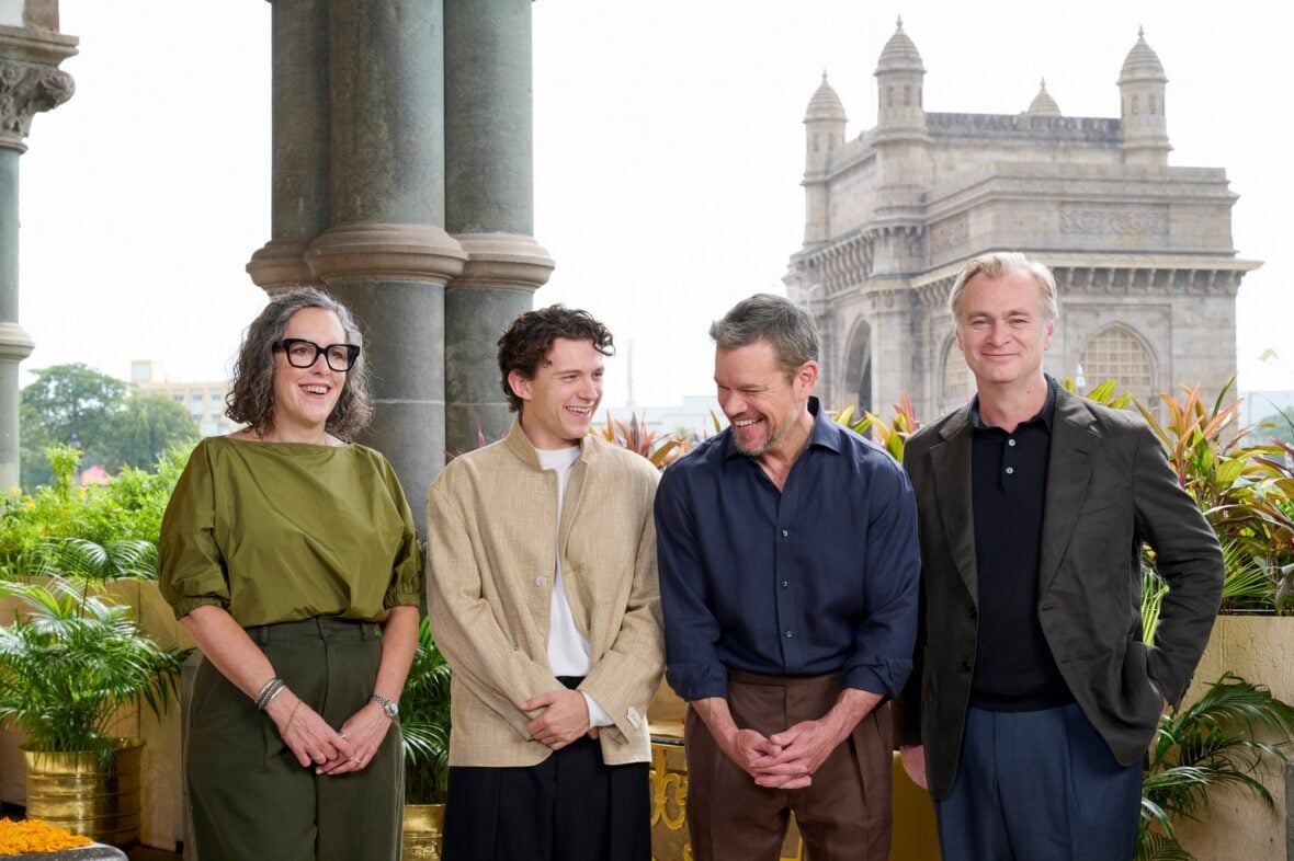 Christopher Nolan, Matt Damon, Tom Holland, Emma Thomas attend a Mumbai photo call for The Odyssey