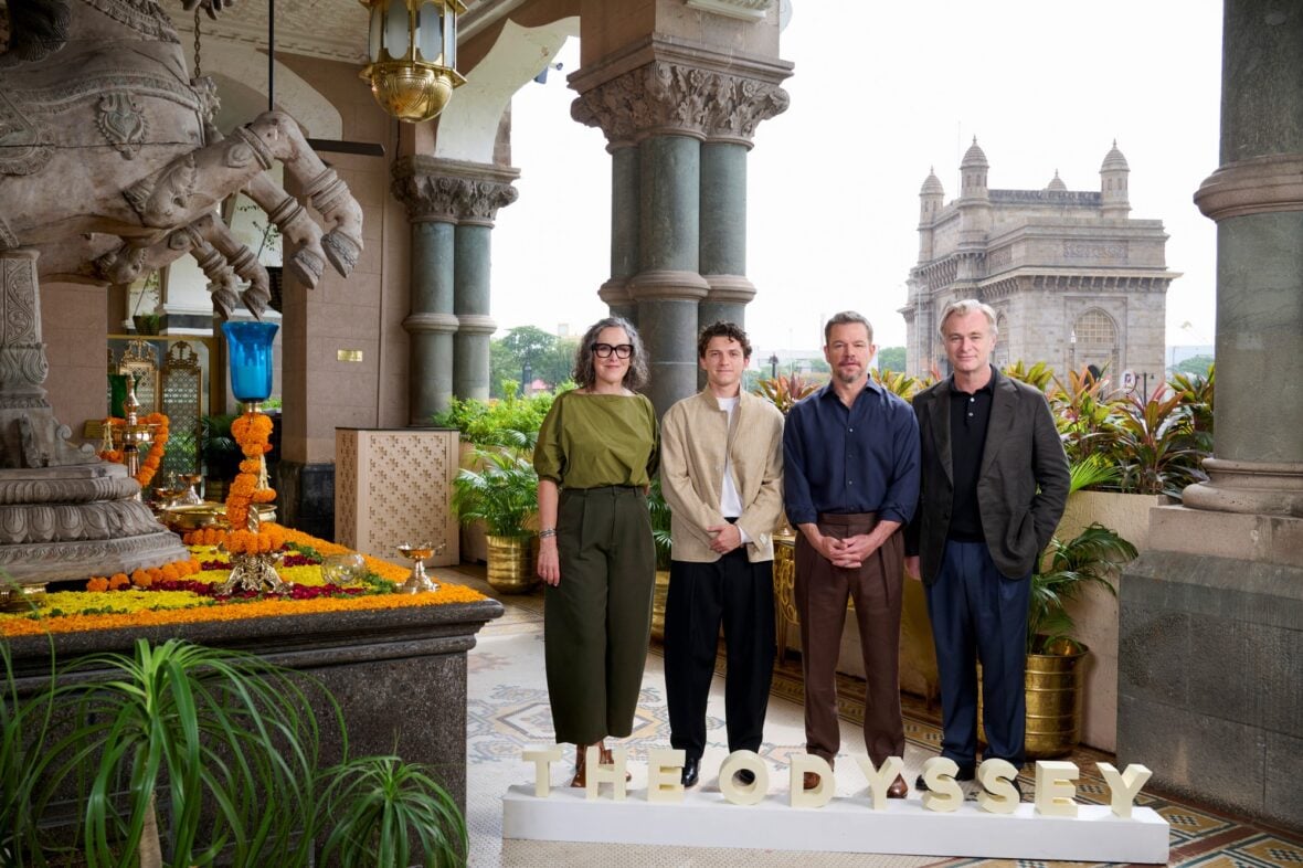 Christopher Nolan, Matt Damon, Tom Holland, Emma Thomas attend a Mumbai photo call for The Odyssey