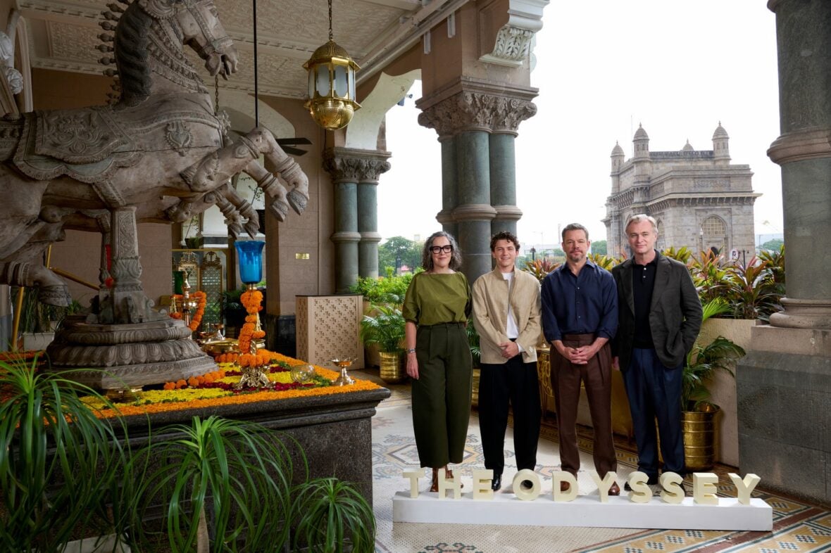 Christopher Nolan, Matt Damon, Tom Holland, Emma Thomas attend a Mumbai photo call for The Odyssey