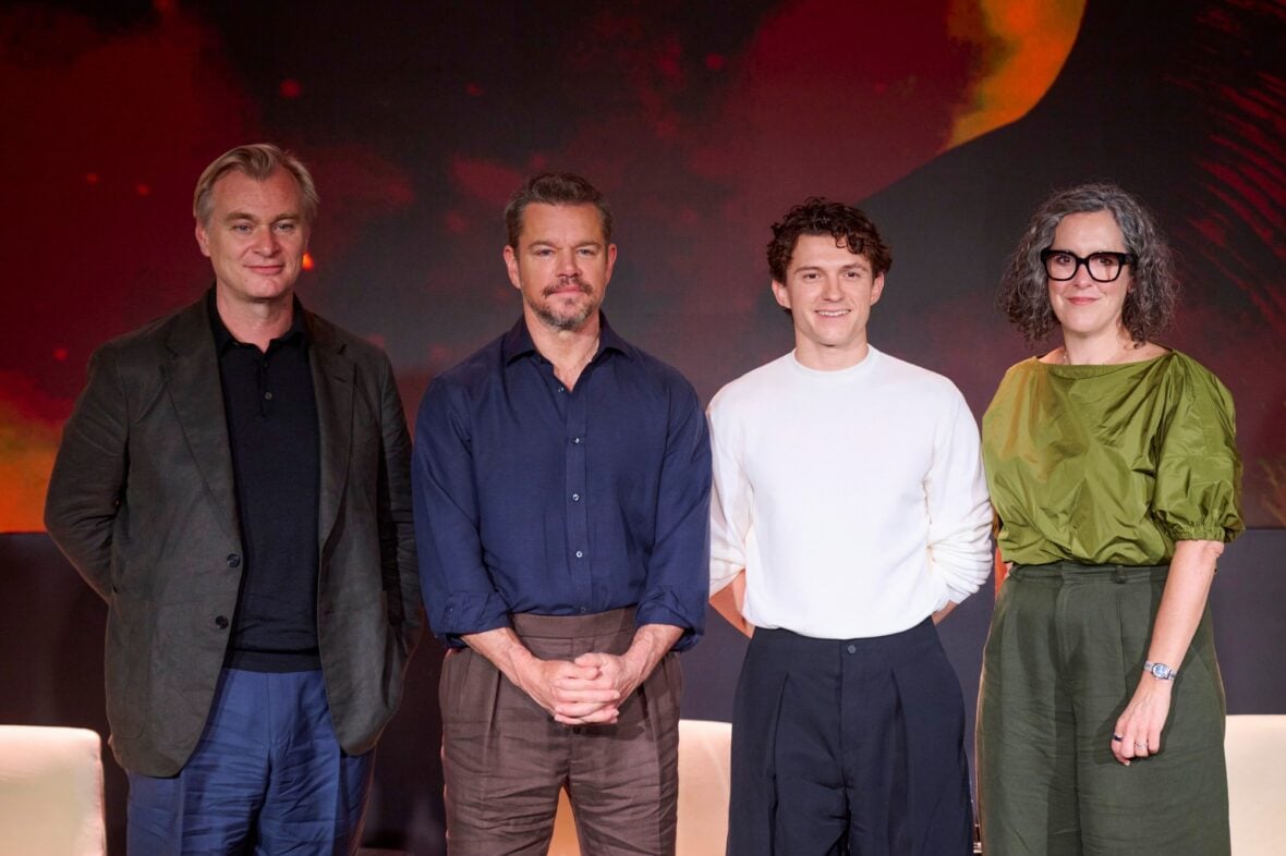 Christopher Nolan, Matt Damon, Tom Holland, Emma Thomas attend a Mumbai press conference for The Odyssey