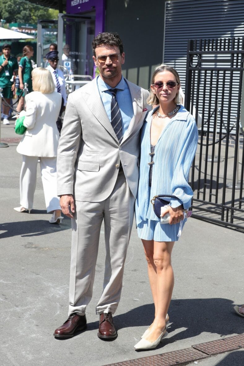 Theo James and Ruth Kearney arrive at Wimbledon on day 14 in London